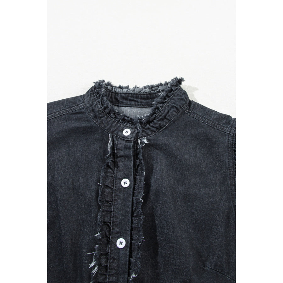 Raw Hem Button Up Cap Sleeve Denim Top Apparel and Accessories