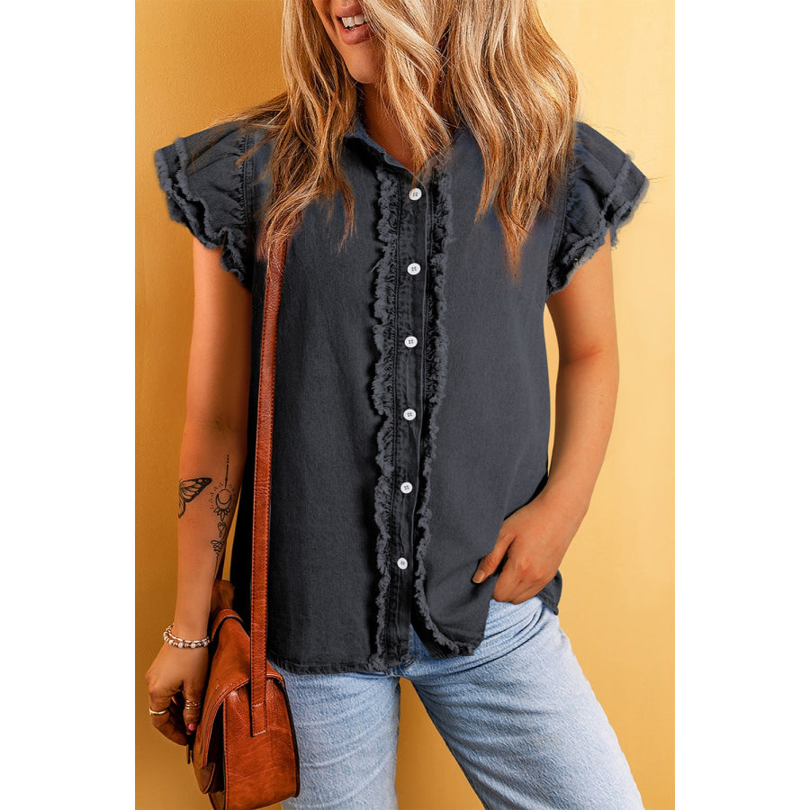 Raw Hem Button Up Cap Sleeve Denim Top Dark / S Apparel and Accessories