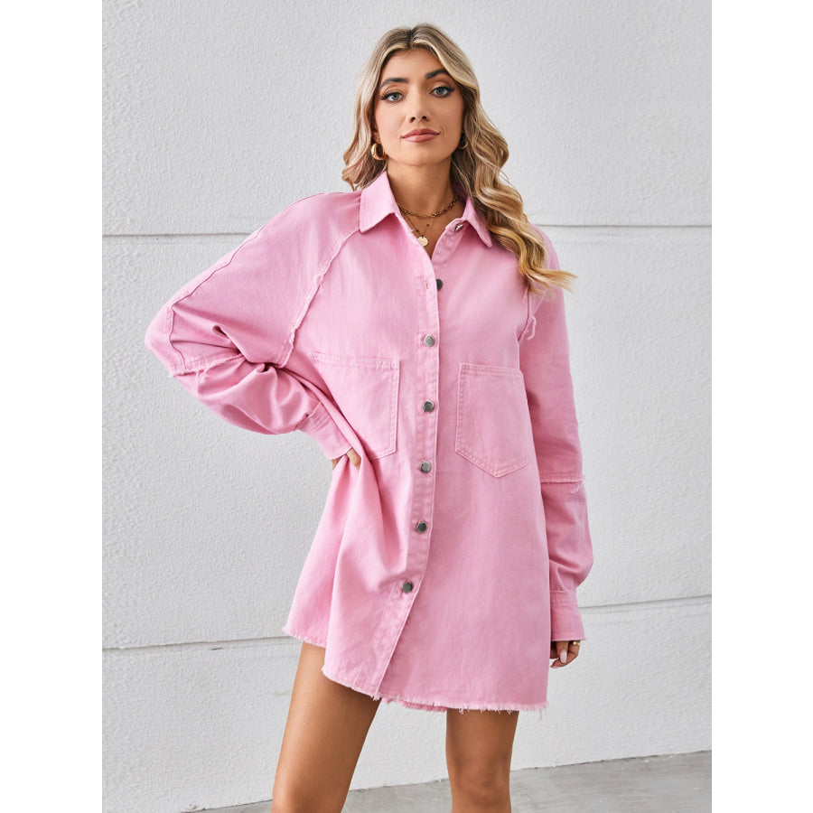 Raw Hem Button Up Denim Dress Carnation Pink / S Apparel and Accessories