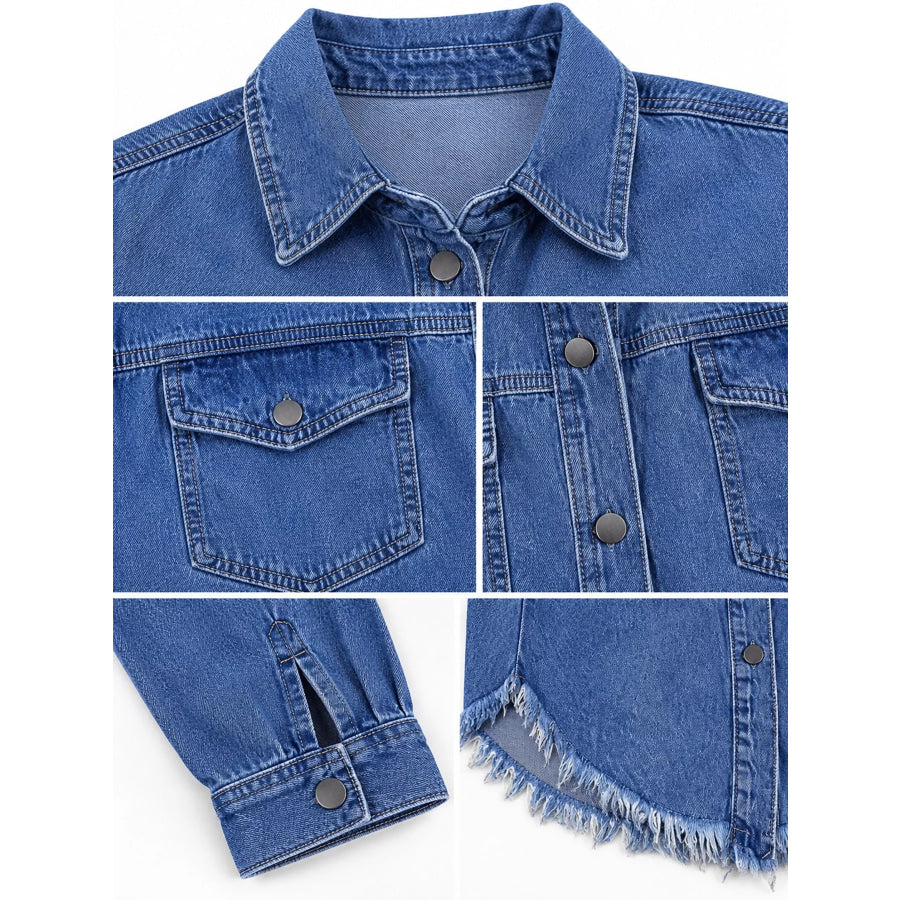 Raw Hem Button Up Denim Jacket Apparel and Accessories