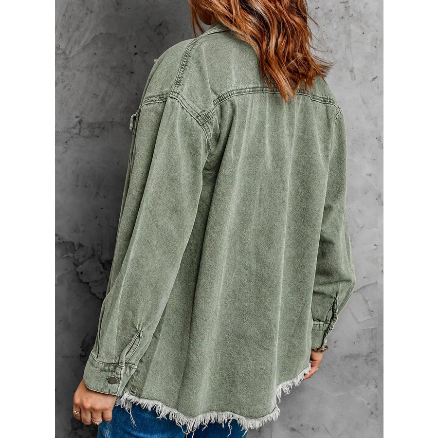 Raw Hem Button Up Denim Jacket Apparel and Accessories