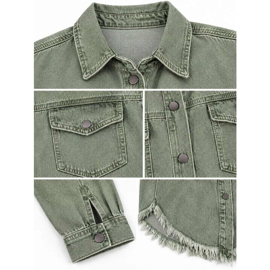 Raw Hem Button Up Denim Jacket Apparel and Accessories