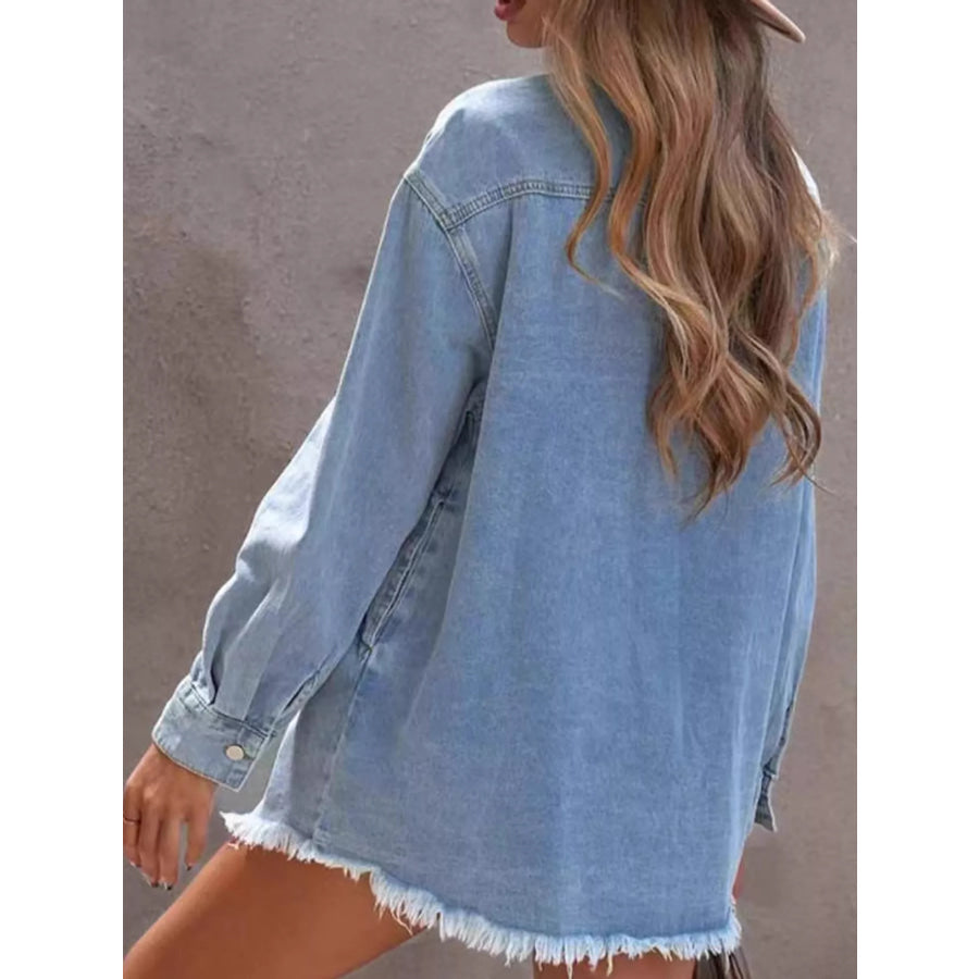 Raw Hem Button Up Denim Jacket Apparel and Accessories