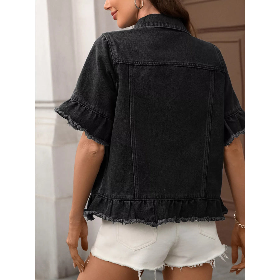 Raw Hem Button Up Denim Jacket Apparel and Accessories