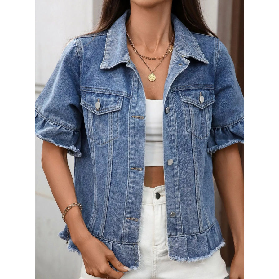 Raw Hem Button Up Denim Jacket Apparel and Accessories