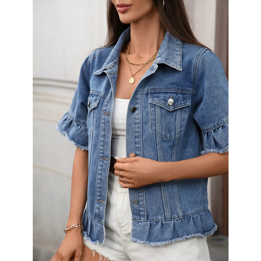Raw Hem Button Up Denim Jacket Apparel and Accessories