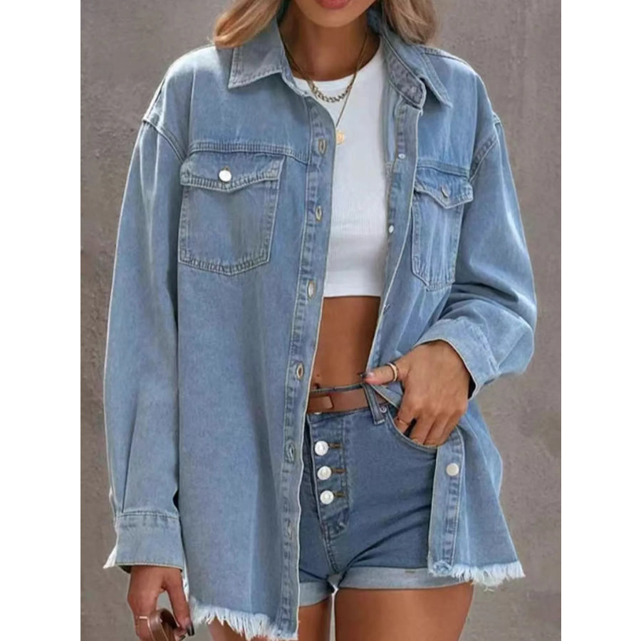 Raw Hem Button Up Denim Jacket Apparel and Accessories