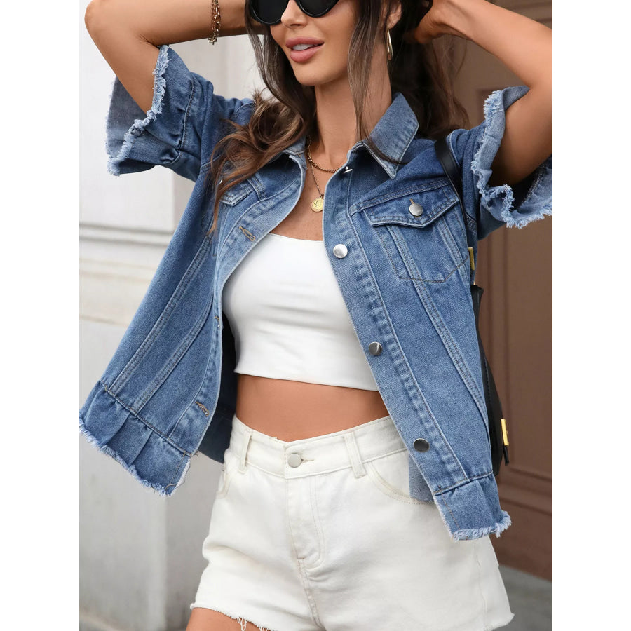Raw Hem Button Up Denim Jacket Apparel and Accessories