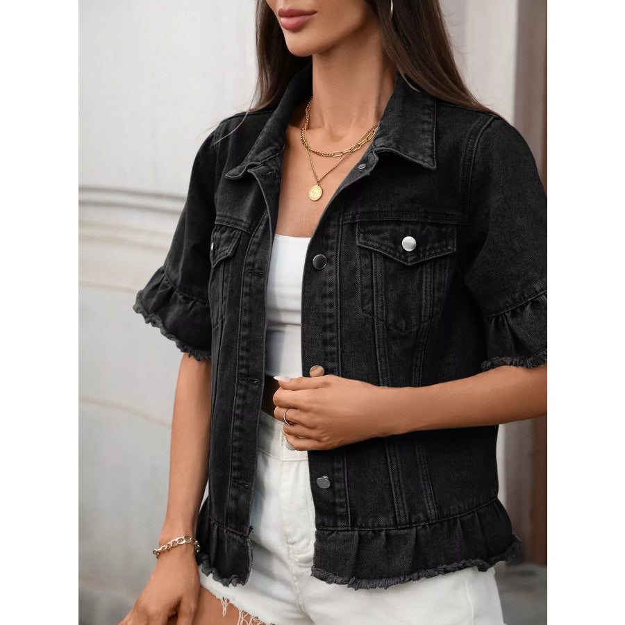 Raw Hem Button Up Denim Jacket Apparel and Accessories