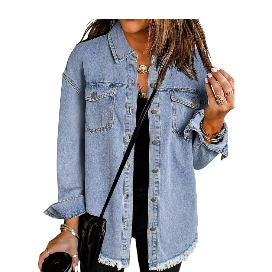 Raw Hem Button Up Denim Jacket Apparel and Accessories