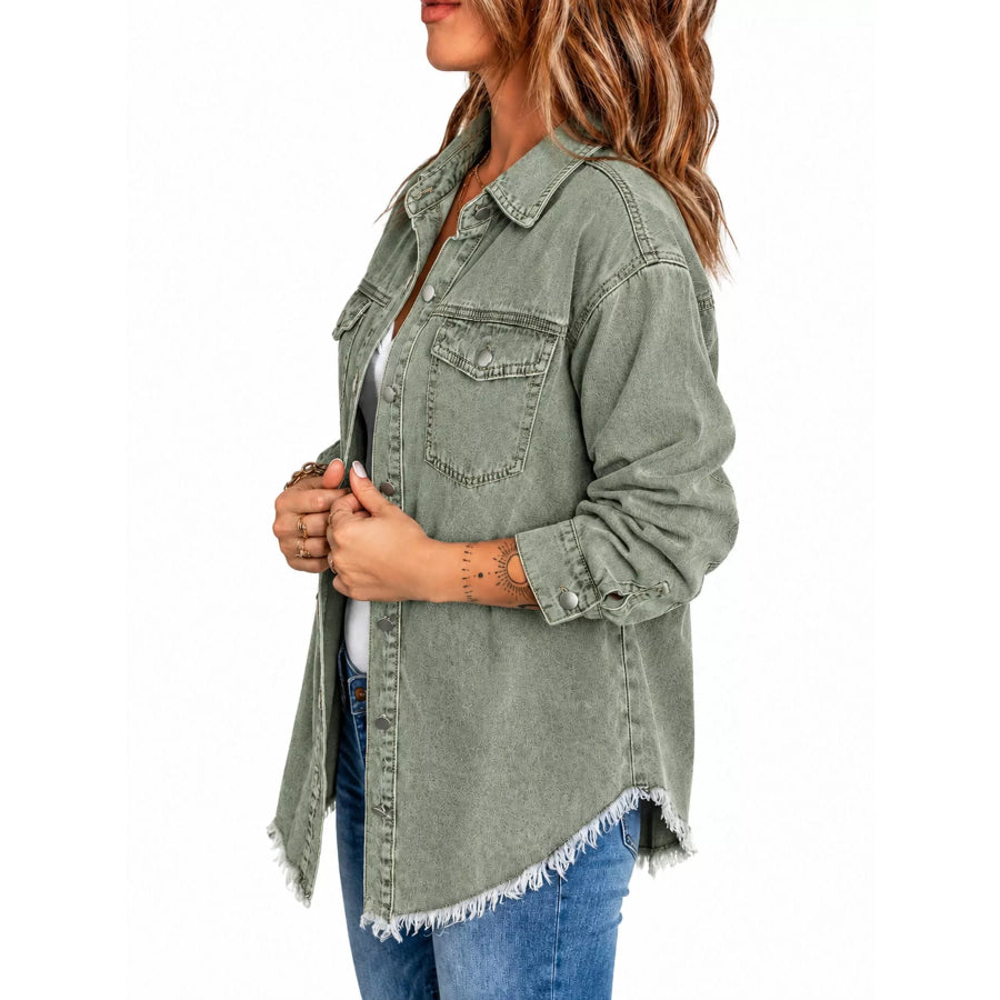 Raw Hem Button Up Denim Jacket Apparel and Accessories
