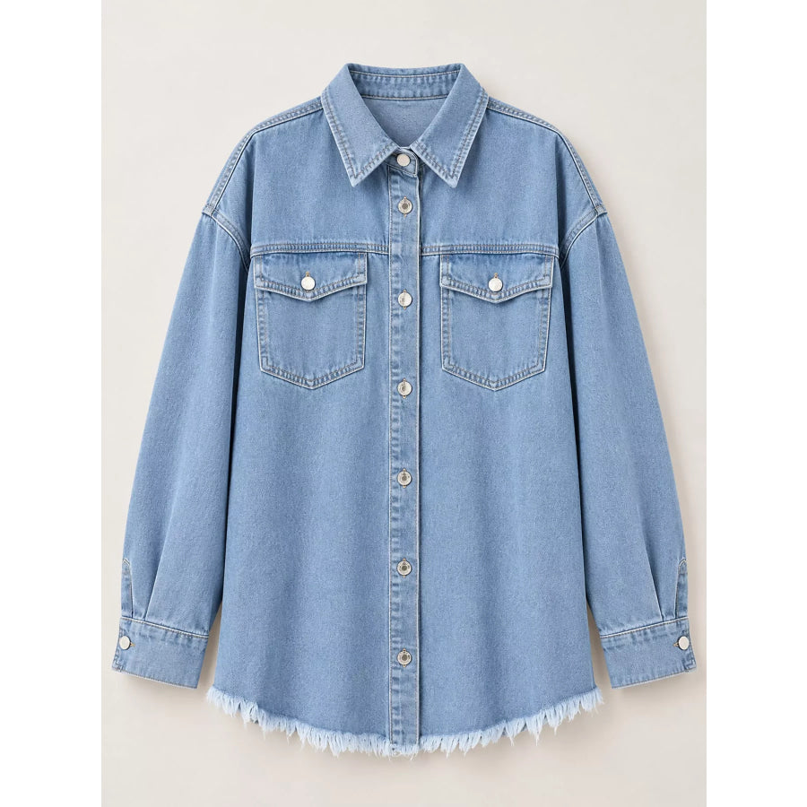 Raw Hem Button Up Denim Jacket Apparel and Accessories