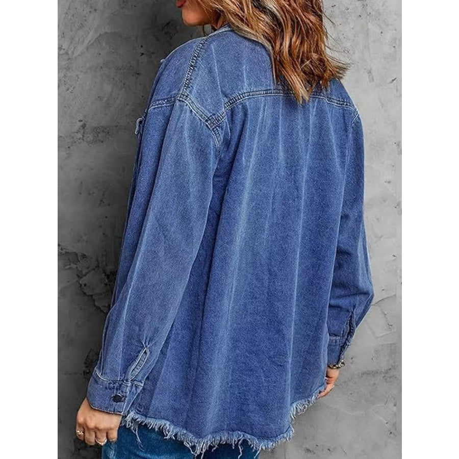 Raw Hem Button Up Denim Jacket Apparel and Accessories