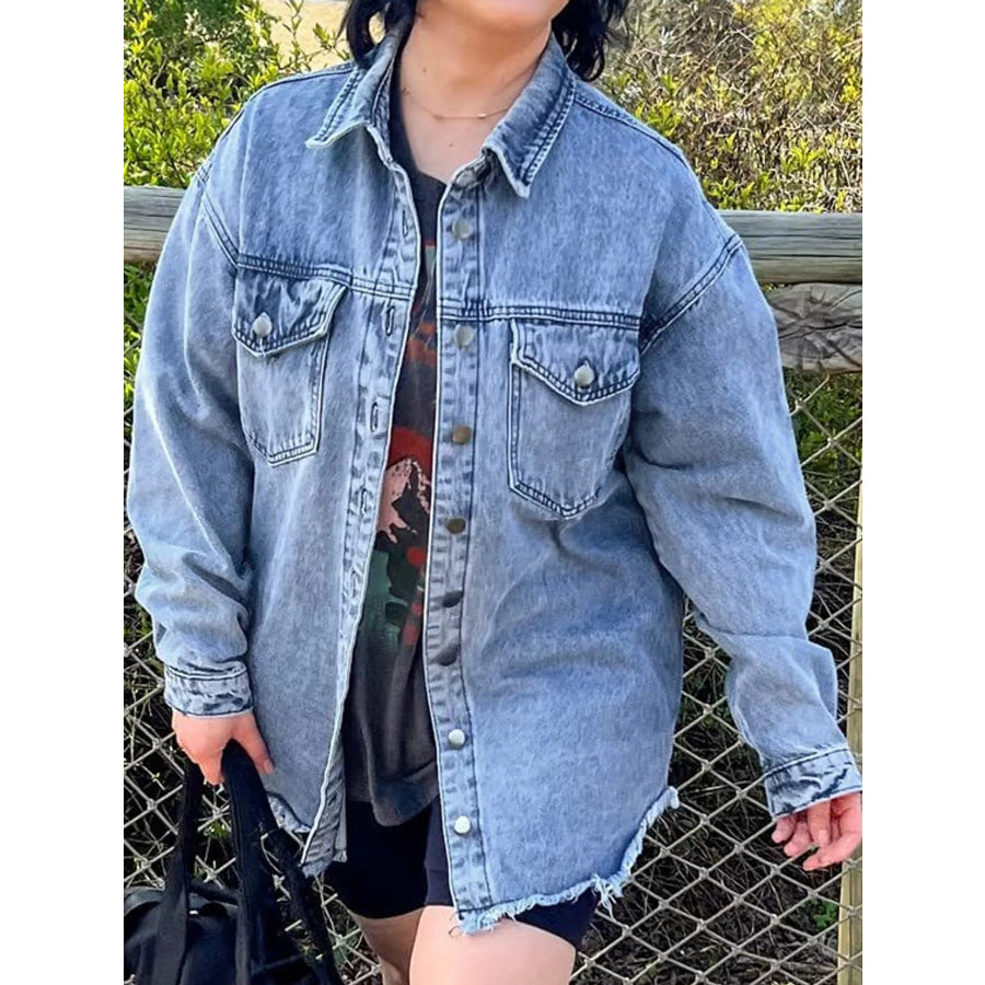 Raw Hem Button Up Denim Jacket Apparel and Accessories