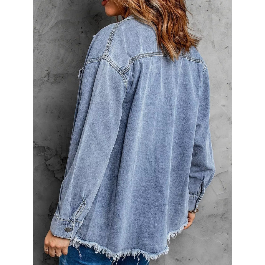 Raw Hem Button Up Denim Jacket Apparel and Accessories