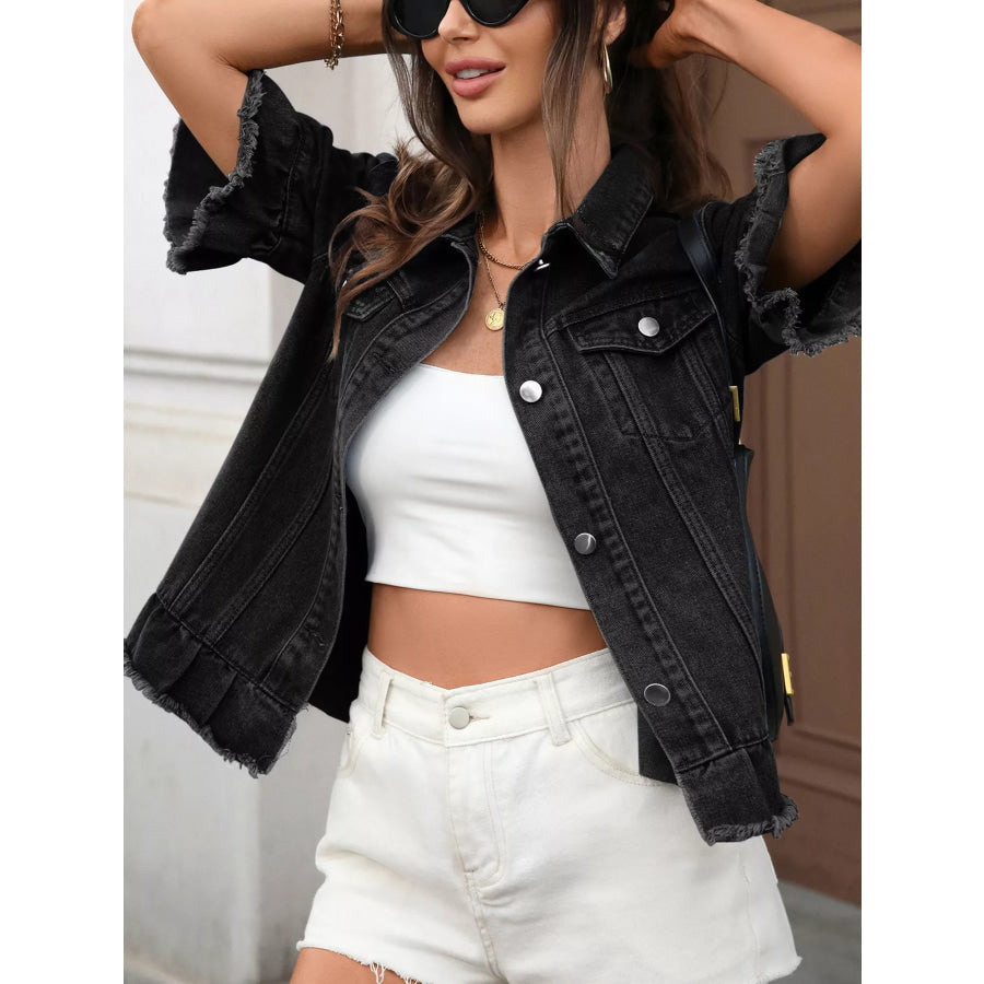 Raw Hem Button Up Denim Jacket Apparel and Accessories