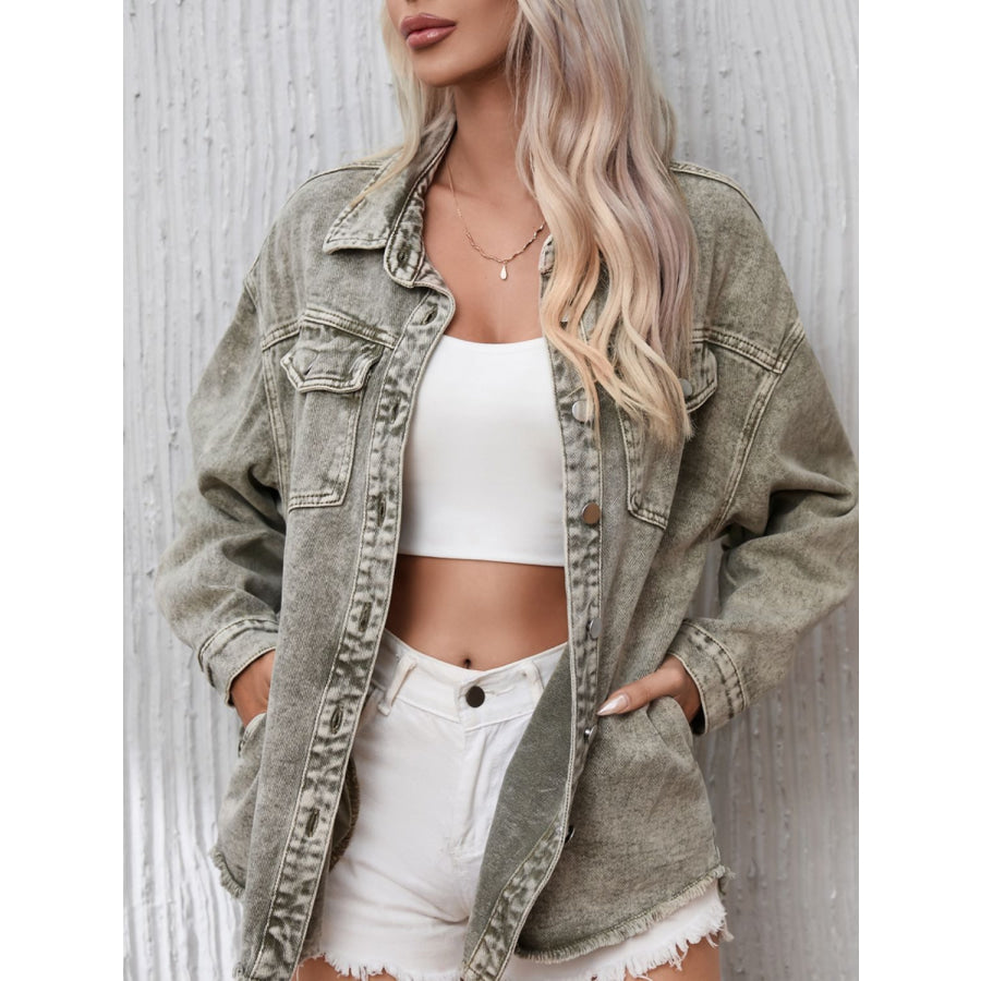 Raw Hem Button Up Denim Jacket Apparel and Accessories