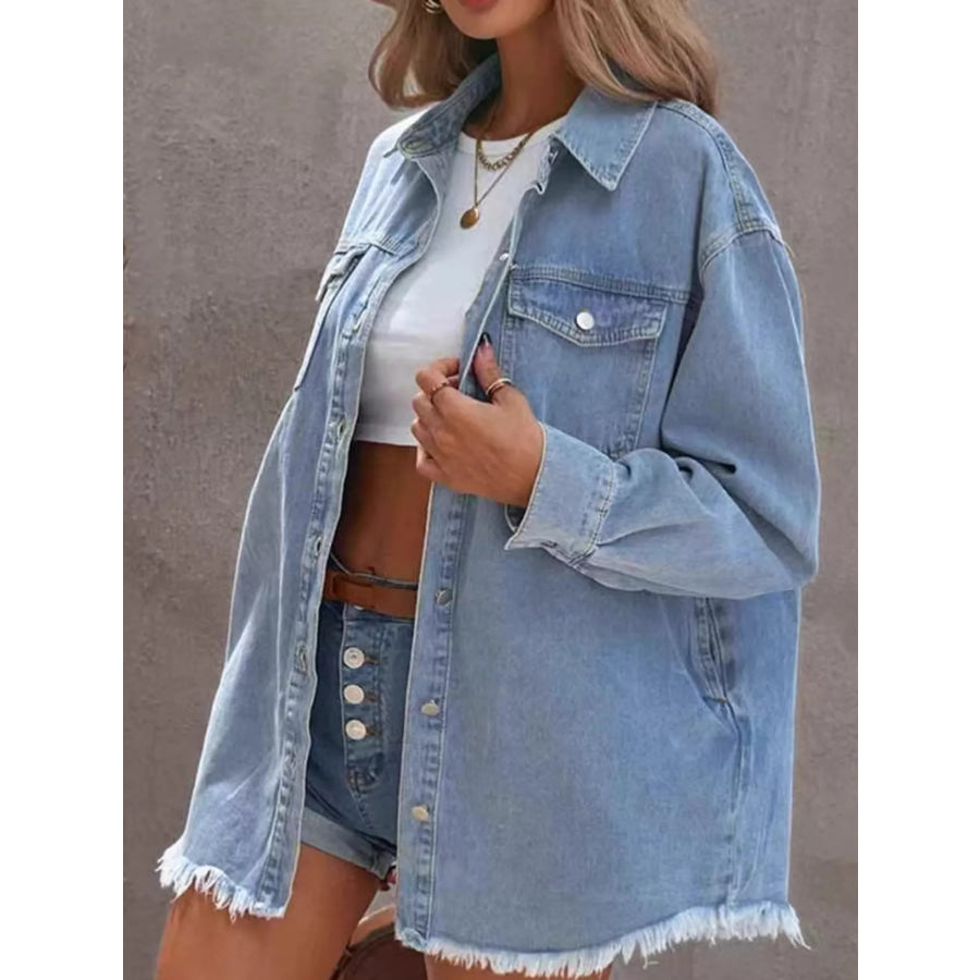 Raw Hem Button Up Denim Jacket Apparel and Accessories