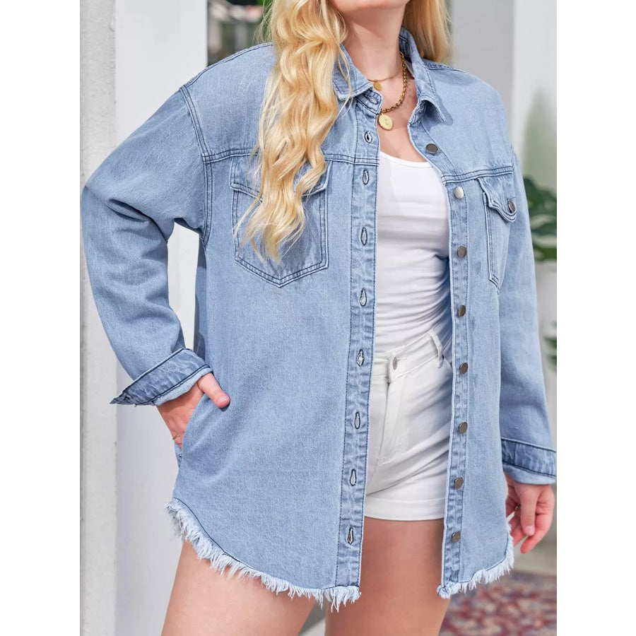 Raw Hem Button Up Denim Jacket Apparel and Accessories