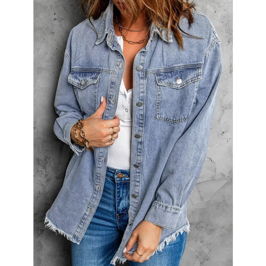 Raw Hem Button Up Denim Jacket Apparel and Accessories