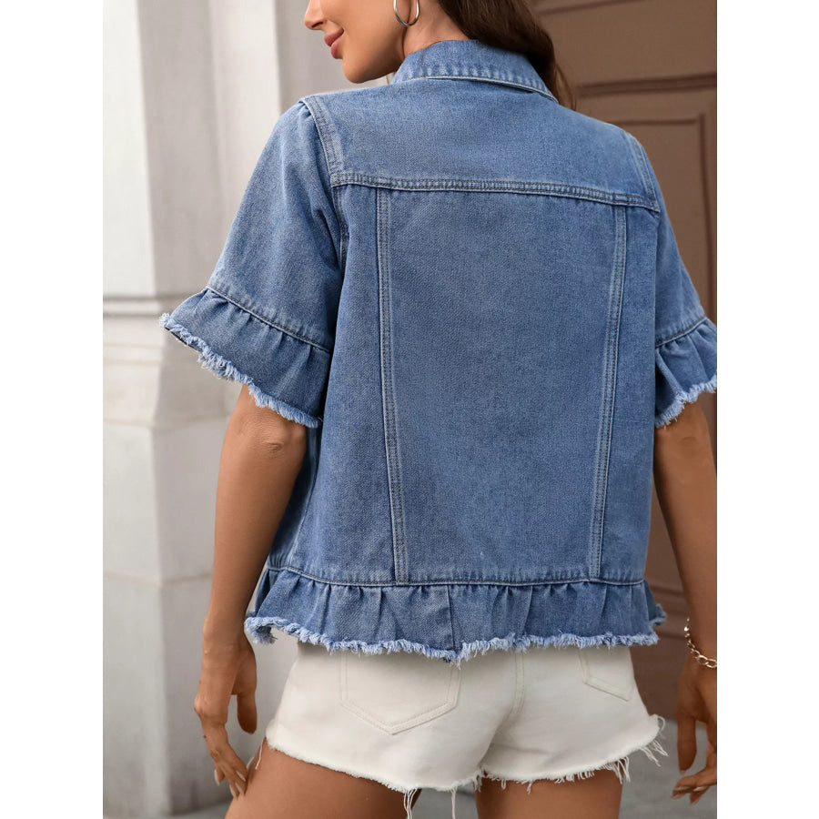 Raw Hem Button Up Denim Jacket Apparel and Accessories