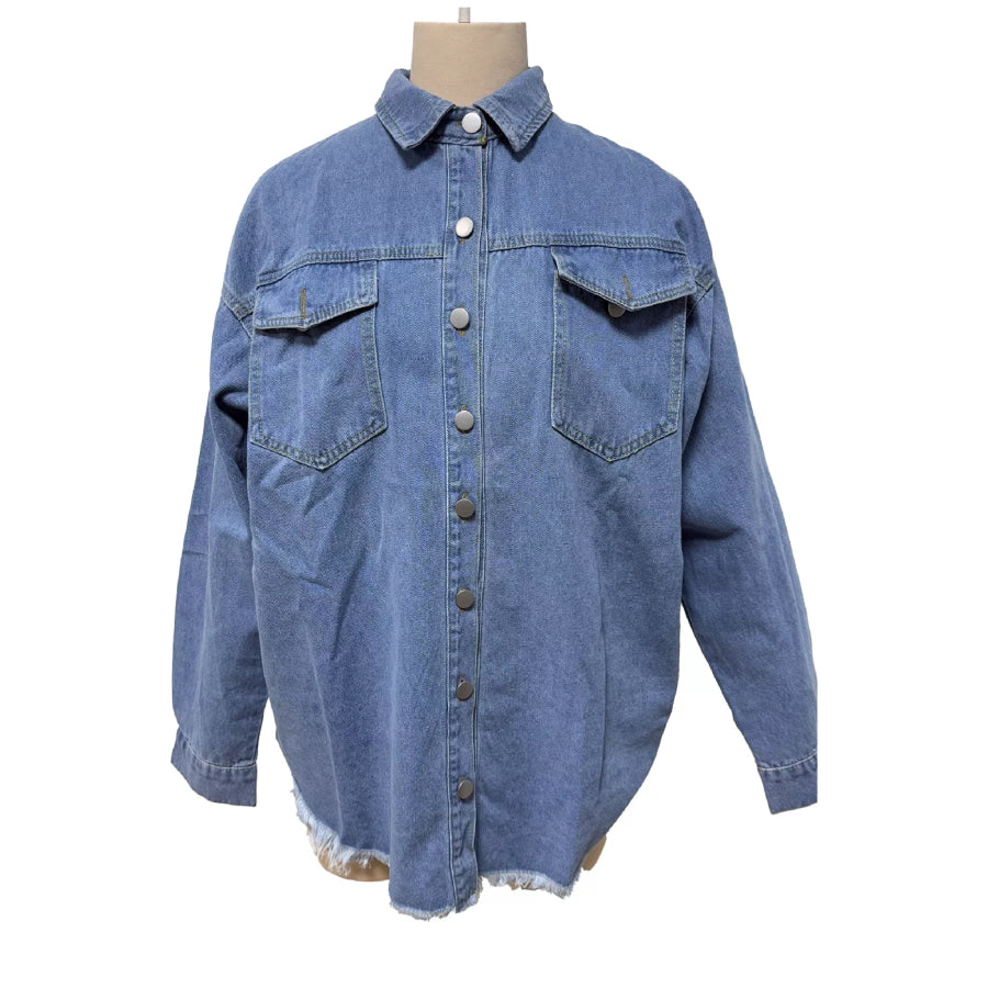 Raw Hem Button Up Denim Jacket Apparel and Accessories