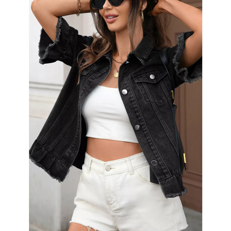 Raw Hem Button Up Denim Jacket Apparel and Accessories