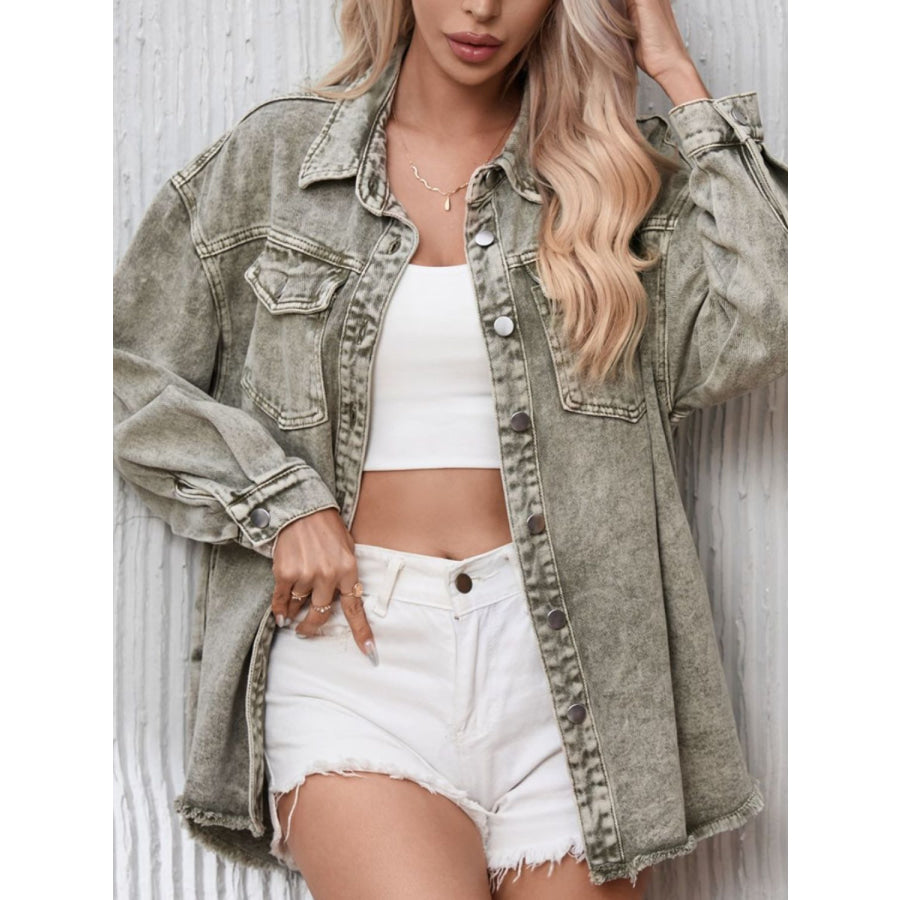 Raw Hem Button Up Denim Jacket Apparel and Accessories