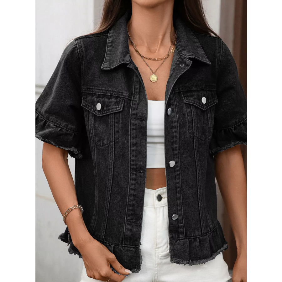 Raw Hem Button Up Denim Jacket Black Gray / S Apparel and Accessories