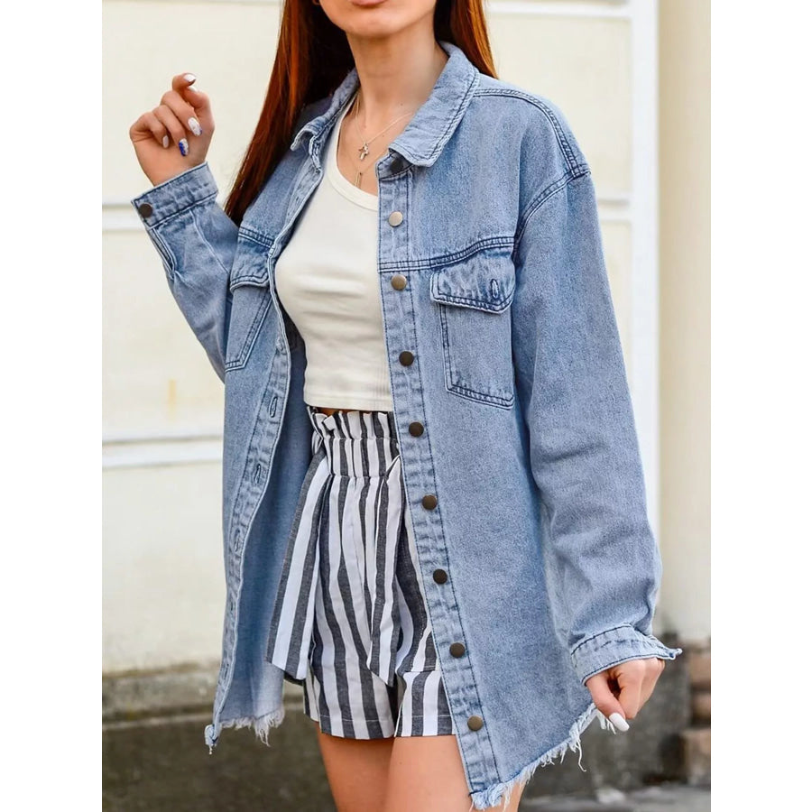Raw Hem Button Up Denim Jacket Light Blue / S Apparel and Accessories
