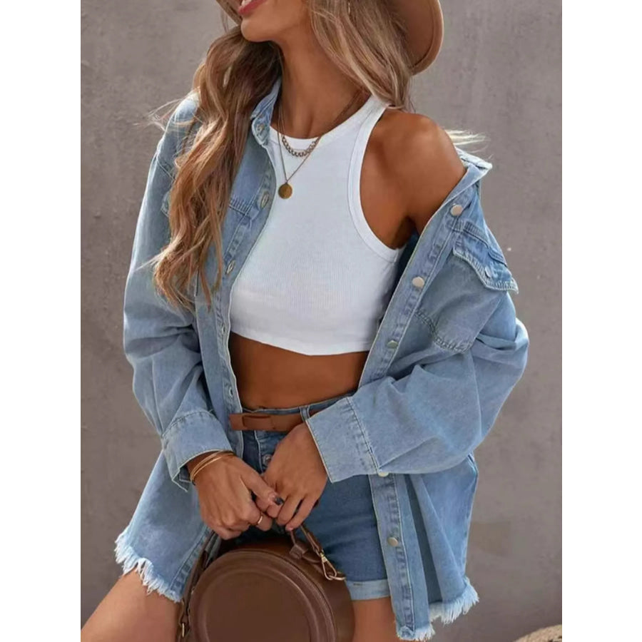 Raw Hem Button Up Denim Jacket Light Blue / S Apparel and Accessories