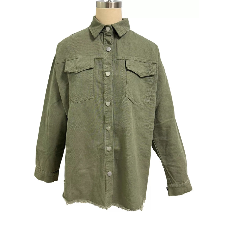 Raw Hem Button Up Denim Jacket Light Green / S Apparel and Accessories