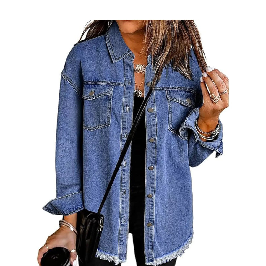 Raw Hem Button Up Denim Jacket Royal Blue / S Apparel and Accessories