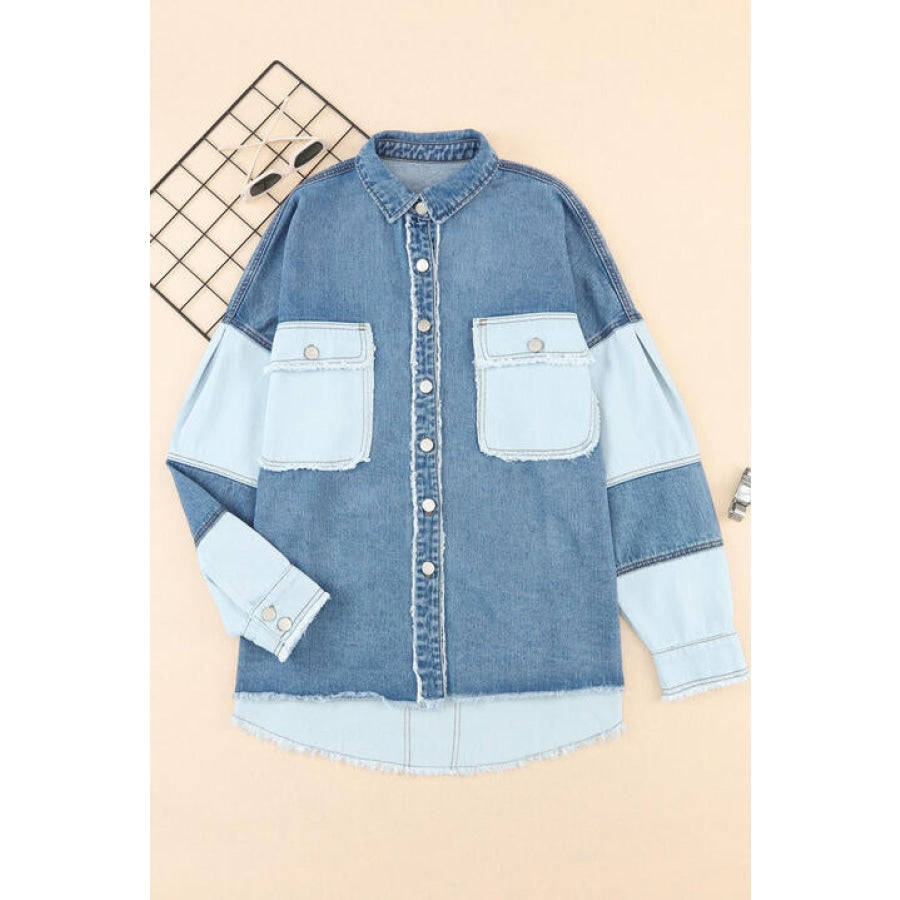 Raw Hem Button Up Denim Jacket with Breast Pockets