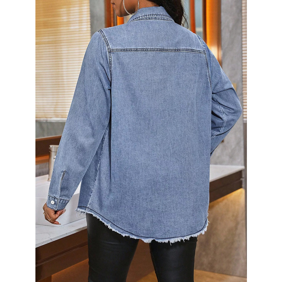 Raw Hem Button Up Denim Shirt Apparel and Accessories