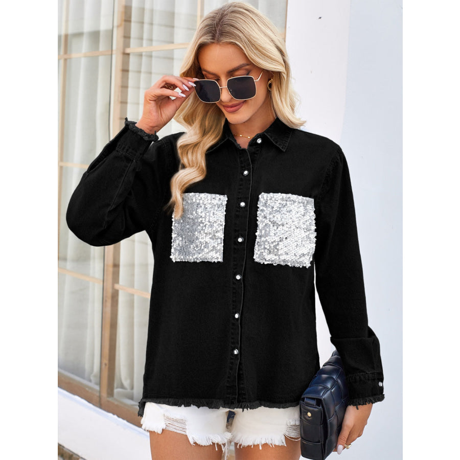 Raw Hem Button Up Long Sleeve Denim Jacket with Sequin Pockets Apparel and Accessories