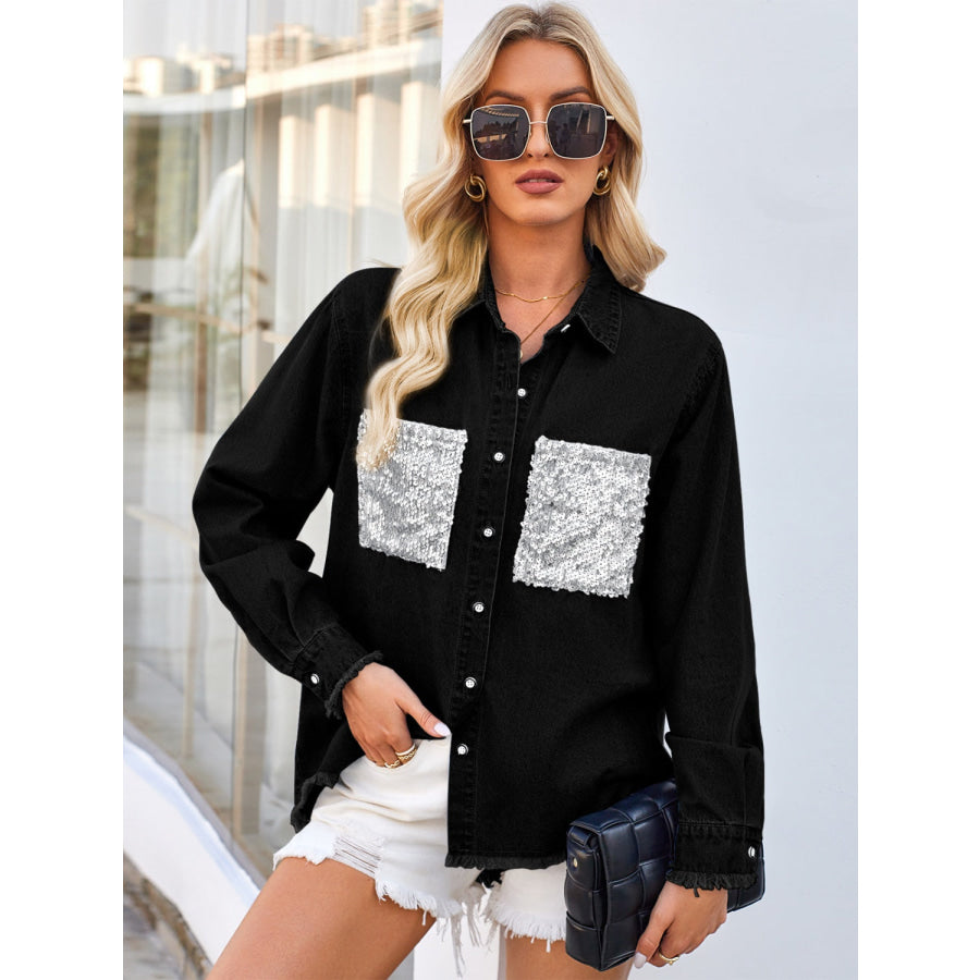 Raw Hem Button Up Long Sleeve Denim Jacket with Sequin Pockets Apparel and Accessories