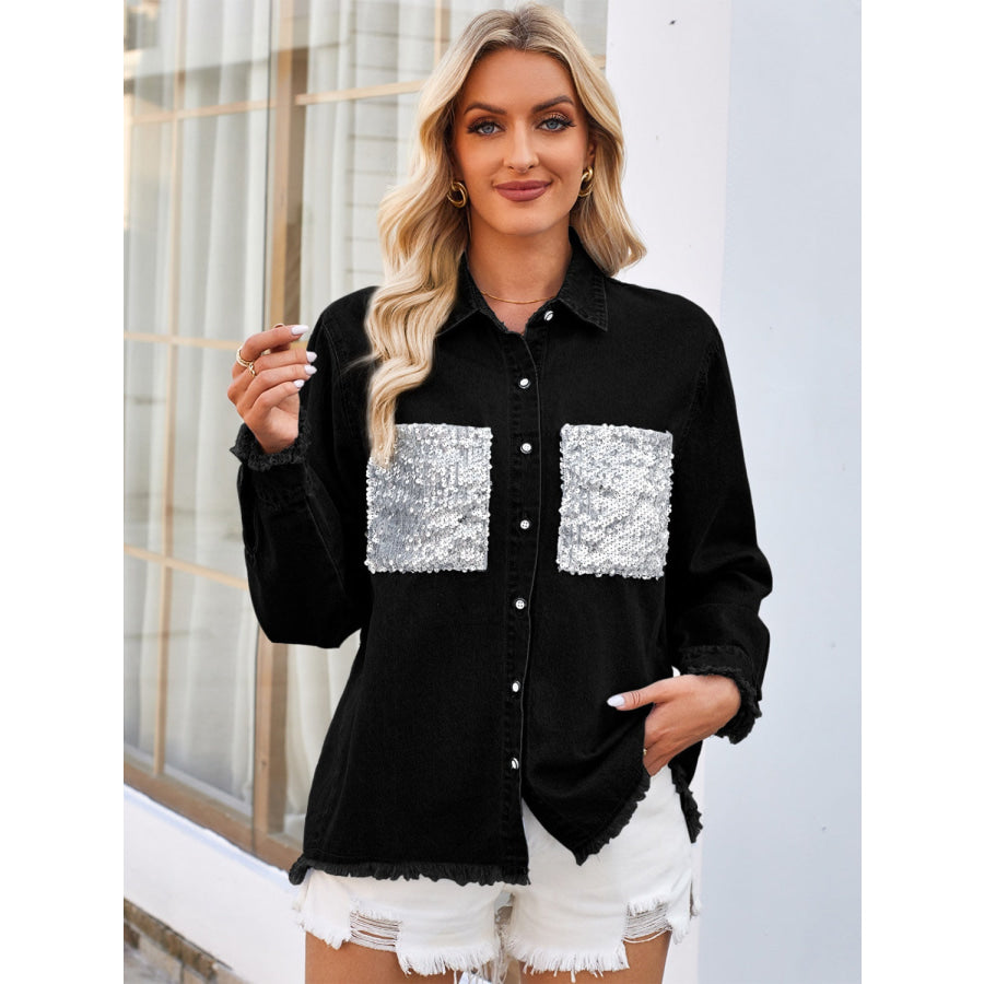 Raw Hem Button Up Long Sleeve Denim Jacket with Sequin Pockets Black / S Apparel and Accessories