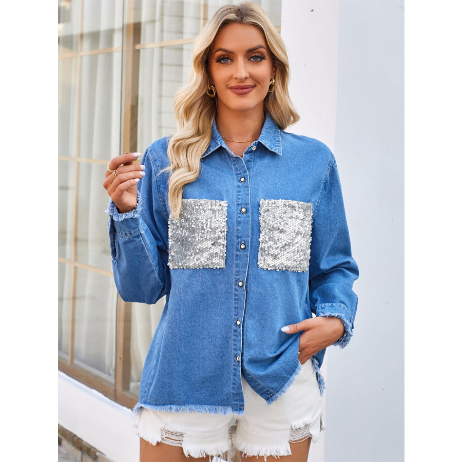 Raw Hem Button Up Long Sleeve Denim Jacket with Sequin Pockets Blue / S Apparel and Accessories