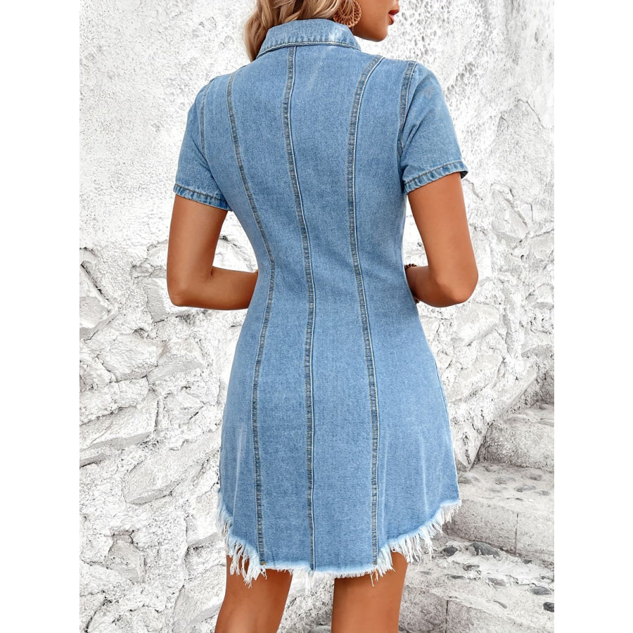 Raw Hem Button Up Short Sleeve Denim Dress Apparel and Accessories