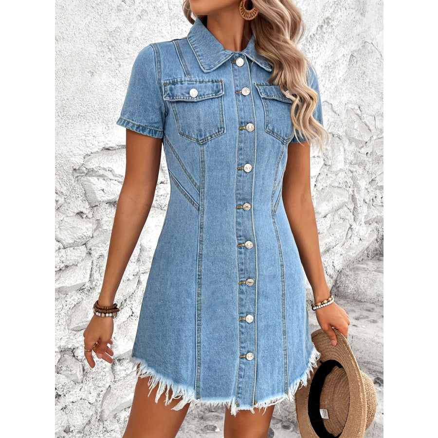 Raw Hem Button Up Short Sleeve Denim Dress Apparel and Accessories