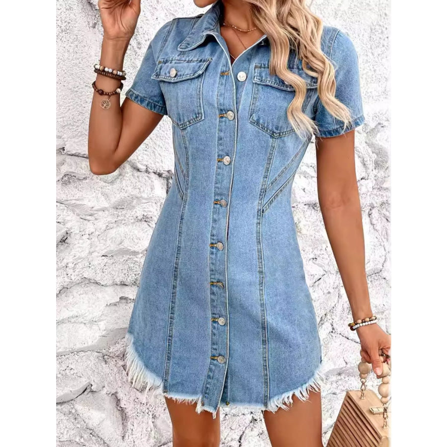 Raw Hem Button Up Short Sleeve Denim Dress Light / XS Apparel and Accessories