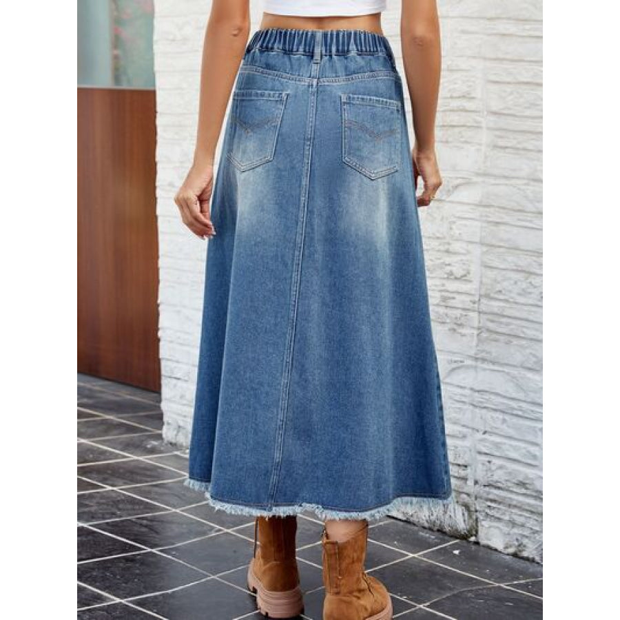 Raw Hem Buttoned Denim Skirt with Pockets Apparel and Accessories
