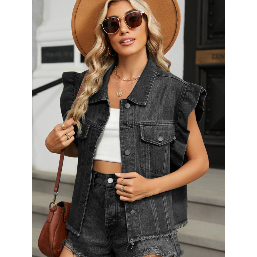 Raw Hem Cap Sleeve Denim Jacket Apparel and Accessories