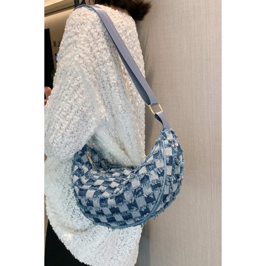 Raw Hem Checkered Denim Crossbody Bag Apparel and Accessories