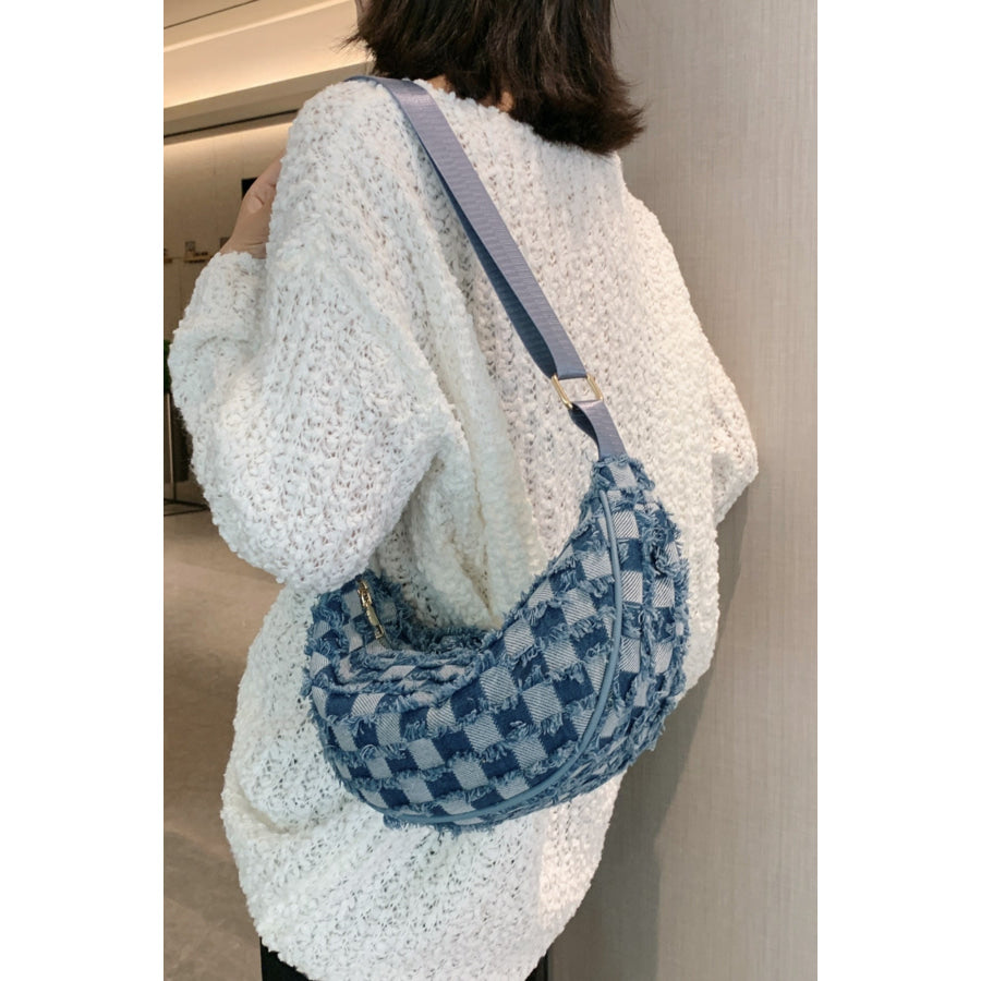 Raw Hem Checkered Denim Crossbody Bag Apparel and Accessories