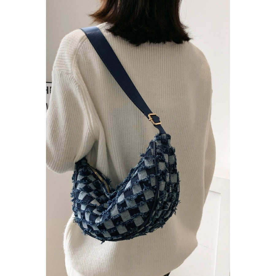 Raw Hem Checkered Denim Crossbody Bag Apparel and Accessories