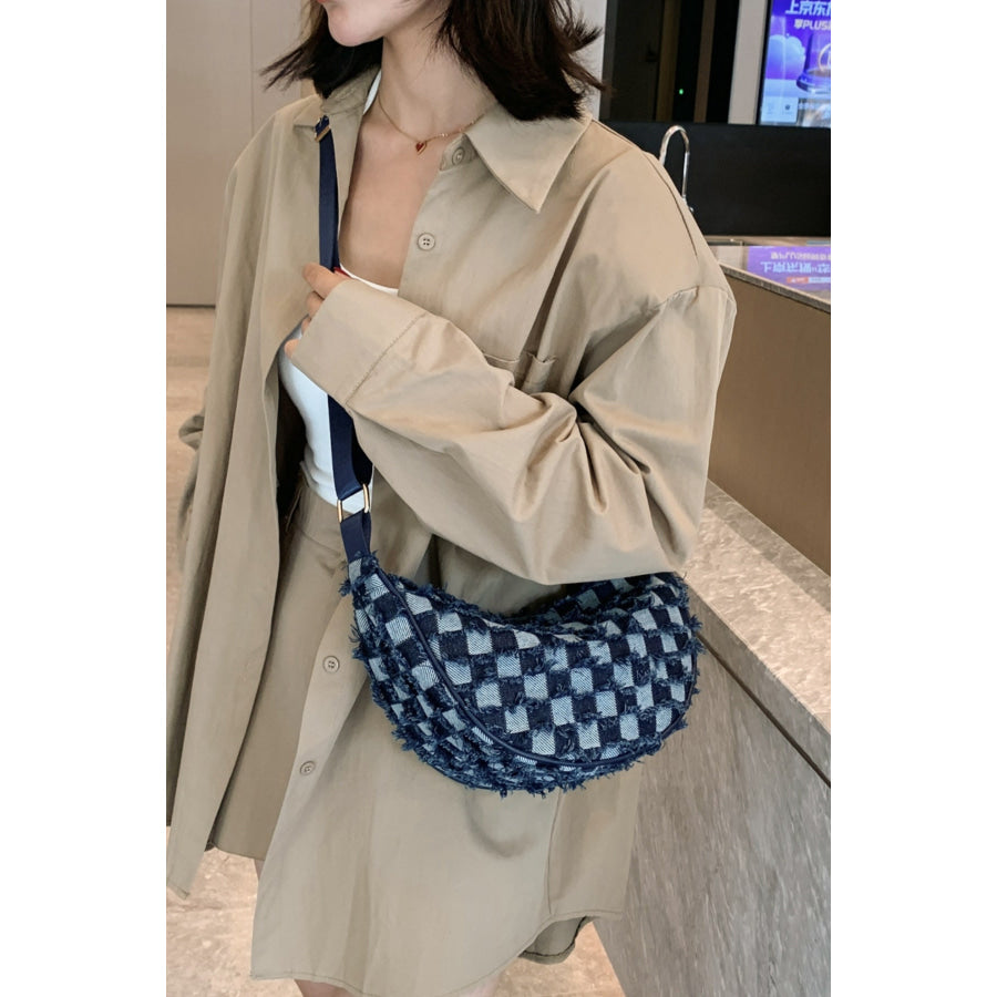 Raw Hem Checkered Denim Crossbody Bag Apparel and Accessories