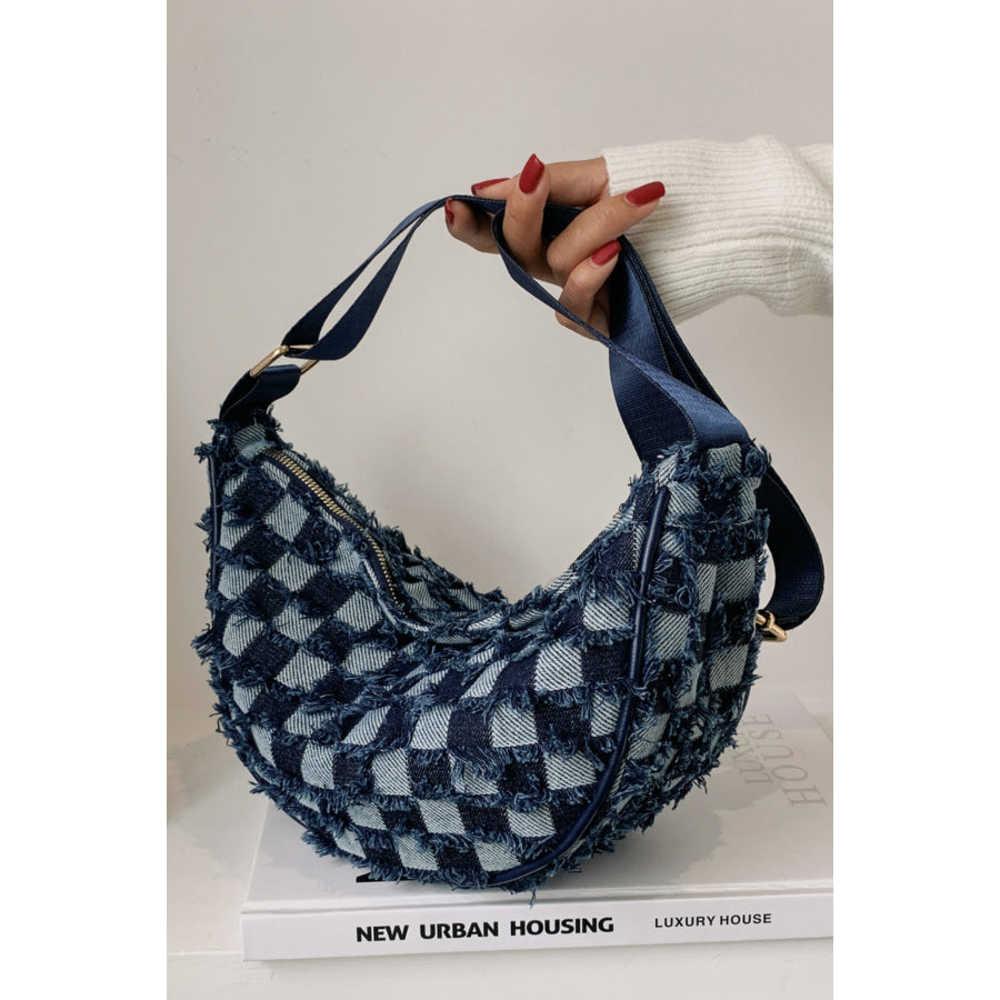 Raw Hem Checkered Denim Crossbody Bag Apparel and Accessories