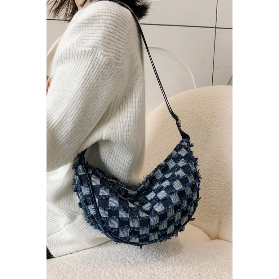 Raw Hem Checkered Denim Crossbody Bag Apparel and Accessories